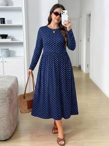 SHEIN LUNE Plus Size Polka Dot Cinched Waist Casual Dress Fall - Navy Blue - View 5