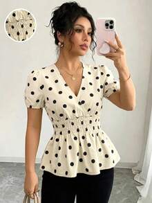 Elenzga Women's Polka Dot Pattern Waist Gathered Short Petal Sleeve Denim Top - Blue - View 6