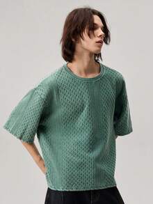 1pc Men's Green Summer Casual City Break Short Sleeve Tee,Textured Jacquard Fabric,Washed & Distressed Cotton T Shirt,Cropped Boxy Fit,Unisex Tops - Green - View 7