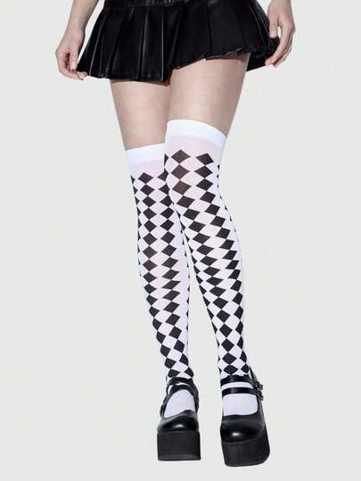 Grunge Punk 1 Paio di Calze al Ginocchio Nere con Doppio Rombo Bianco Stile Punk Scuro