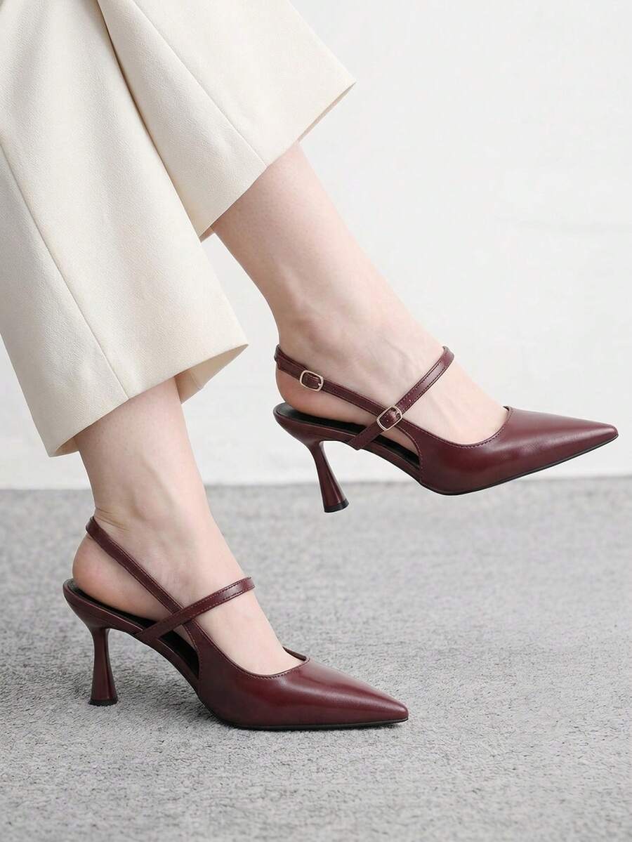CUCCOO BIZCHIC 女款尖頭細高跟鞋 酒紅色 時尚基礎款 日常百搭 通勤上班購物用 後跟提拉式 Slingback 高跟鞋 - 紅色1 - 查看 1