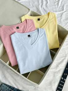SHEIN EZwear 3件組女款夏季V領修身T恤，龐克次文化動漫純色基礎款短袖修身T恤 - 彩色 - 查看 7