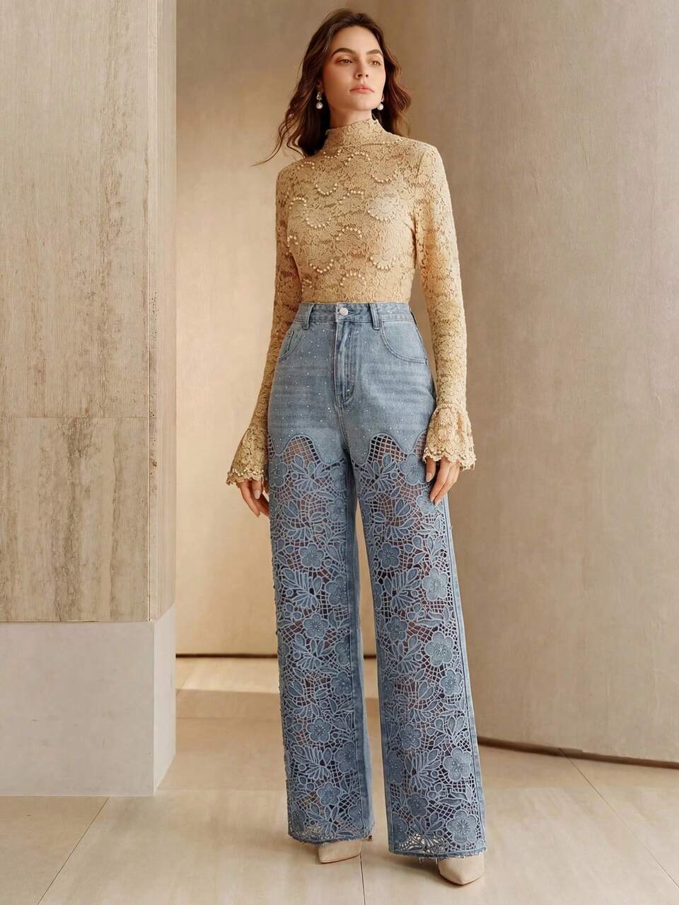 Anewsta Women's Sexy Hollow-Out Embroidered Straight-Leg Pants, Vacation Summer Promotion, Blue