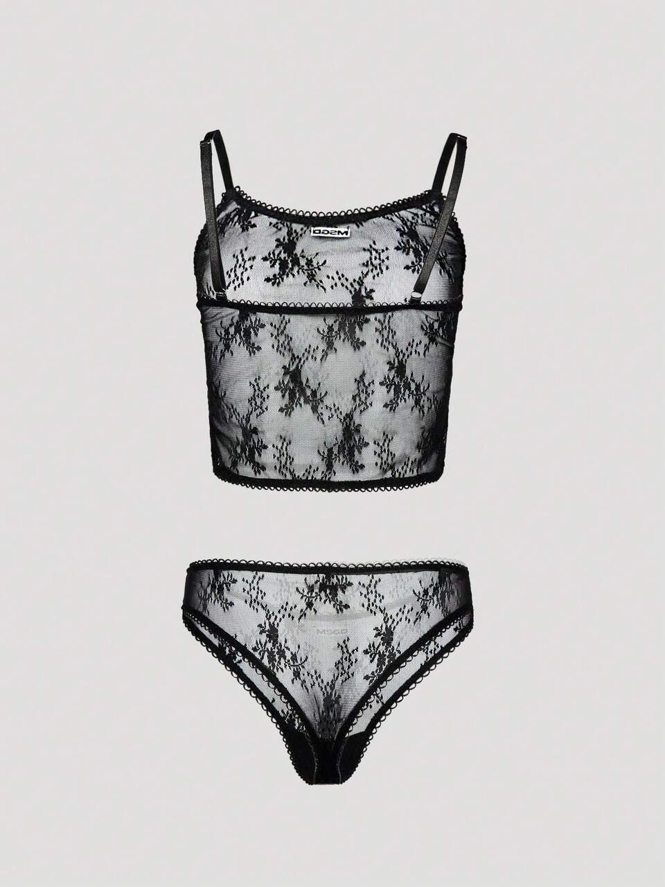 MISSGUIDED MSGD Sheer Lace Bra And Panty Set With Floral Embroidery Scallop Trim And Logo Detail Lingerie