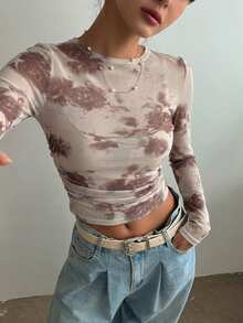DAZY 夏秋款紮染漸層網紗透視罩衫長袖T恤休閒街頭風女款上衣圖案T恤 - 棕色 - 查看 2