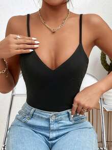 Allurite Sexy Solid Slim Fit Cami Bodysuit - Black - View 5