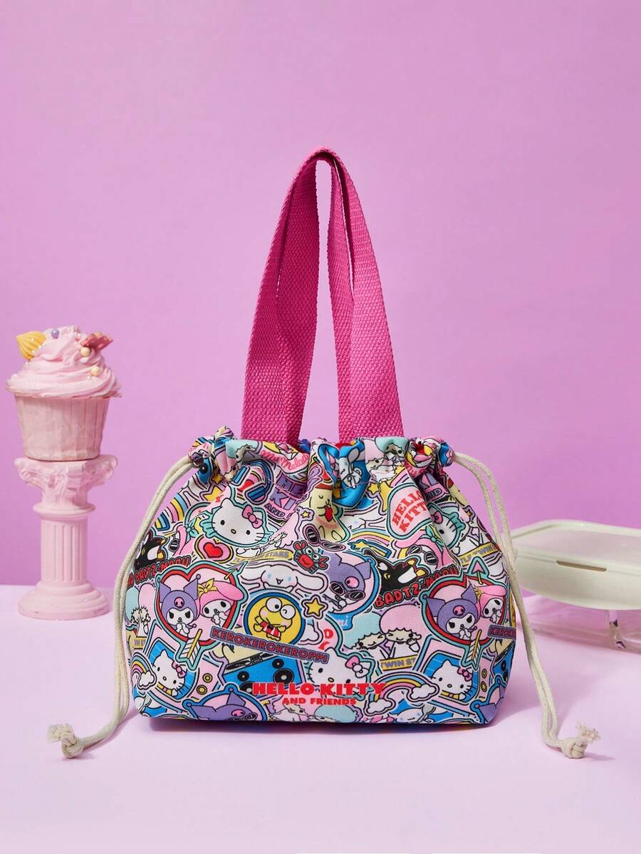 HELLO KITTY AND FRIENDS | Joivida Collaboration 1pc Cute Cartoon Print Lunch Bag, Drawstring Closure Design, Lightweight And Portable. Large Capacity, Can Hold Lunch Boxes, Snacks And Drinks. Uninsulated But Convenient Enough For Daily Use. Suitable For Picnics, Camping, Travel, School Or Home Use, A Fun And Cute Gift For Students, Friends And Family - Pink - View 1