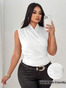Elenzga Plus Size Women Solid Color Sleeveless Fitted Ruched Neckline Cross Strap Top - White - View 1