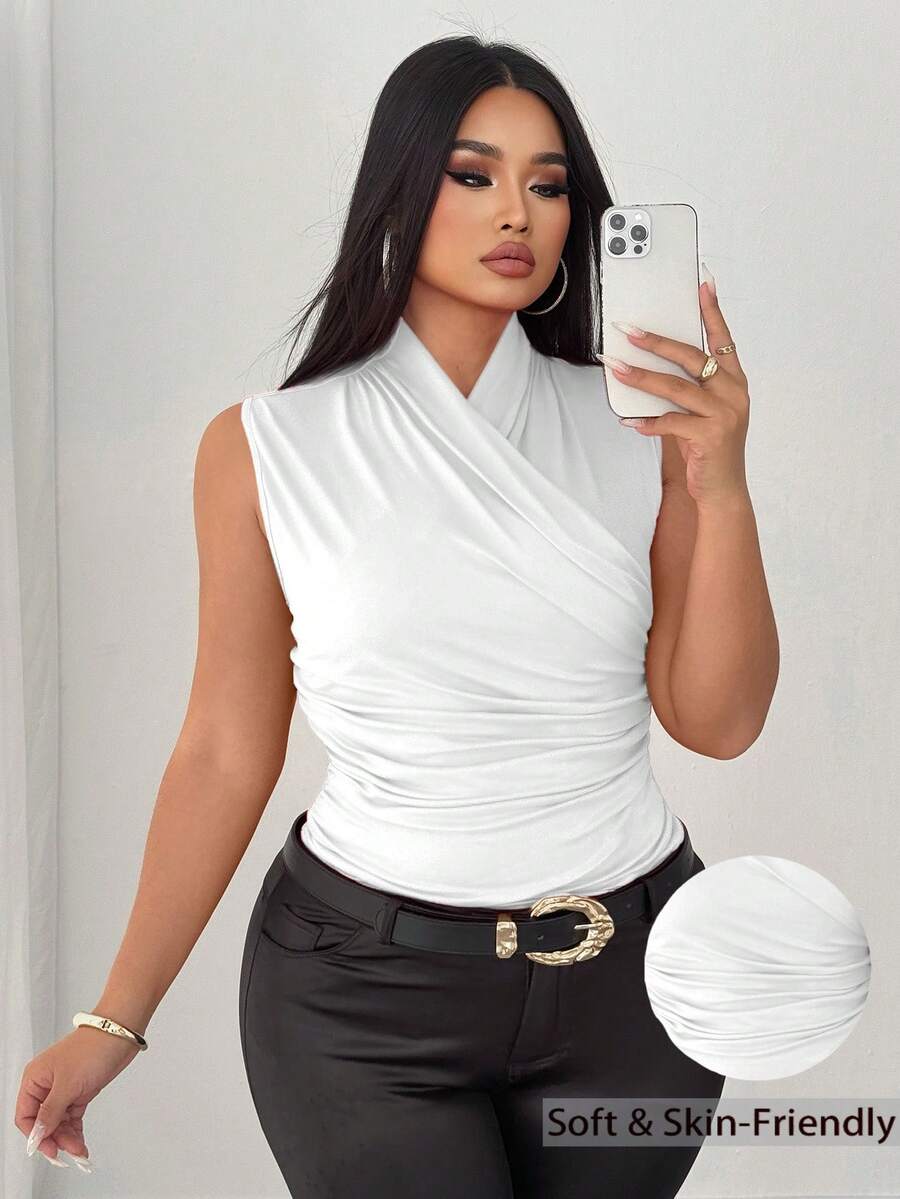 Elenzga Plus Size Women Solid Color Sleeveless Fitted Ruched Neckline Cross Strap Top - White - View 1