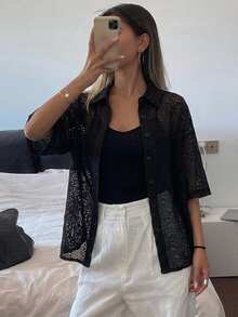 FRIFUL Women's Solid Color Lace Drop Shoulder Loose Shirt Sheer - Black - View 4