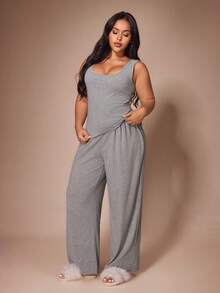 Lazeform Long Ins-Style Short Sleeve Long Pants Tie-Up Robe Loungewear Pajamas Casual Home Bathrobe Plus Size - Grey - View 4