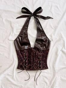 Soleia Western Cowboy Style Leopard Print Faux Leather Top - Coffee Brown - View 4