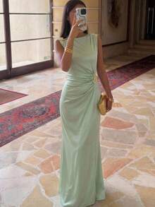 Aloruh Sage Green Satin Long Dress With Asymmetrical Shoulder Metal Decoration, Elegant Romantic Goddess Style Summer Outfits Beach Birthday Wedding Boho - Green - View 2