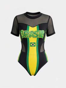 Glyssa Bodysuit Wanita Elegan Streetwear Musim Semi/Panas Bergaris dengan Jala Kontras, Leher Bulat, Lengan Pendek, Pas Badan, Gaya Musik Rave, Hitam dan Kuning - MultiWarna - View 4