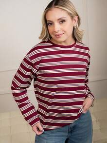 Ximena Robles Ximena Robles Women's Casual Everyday Commute Fashion Street Contrast Stripe Print Loose Fit Drop Shoulder Long Sleeve T-Shirt, Spring/Autumn Long Sleeve Top Stripe Top Casual Striped Top Striped Long Sleeve - Burgundy - View 4