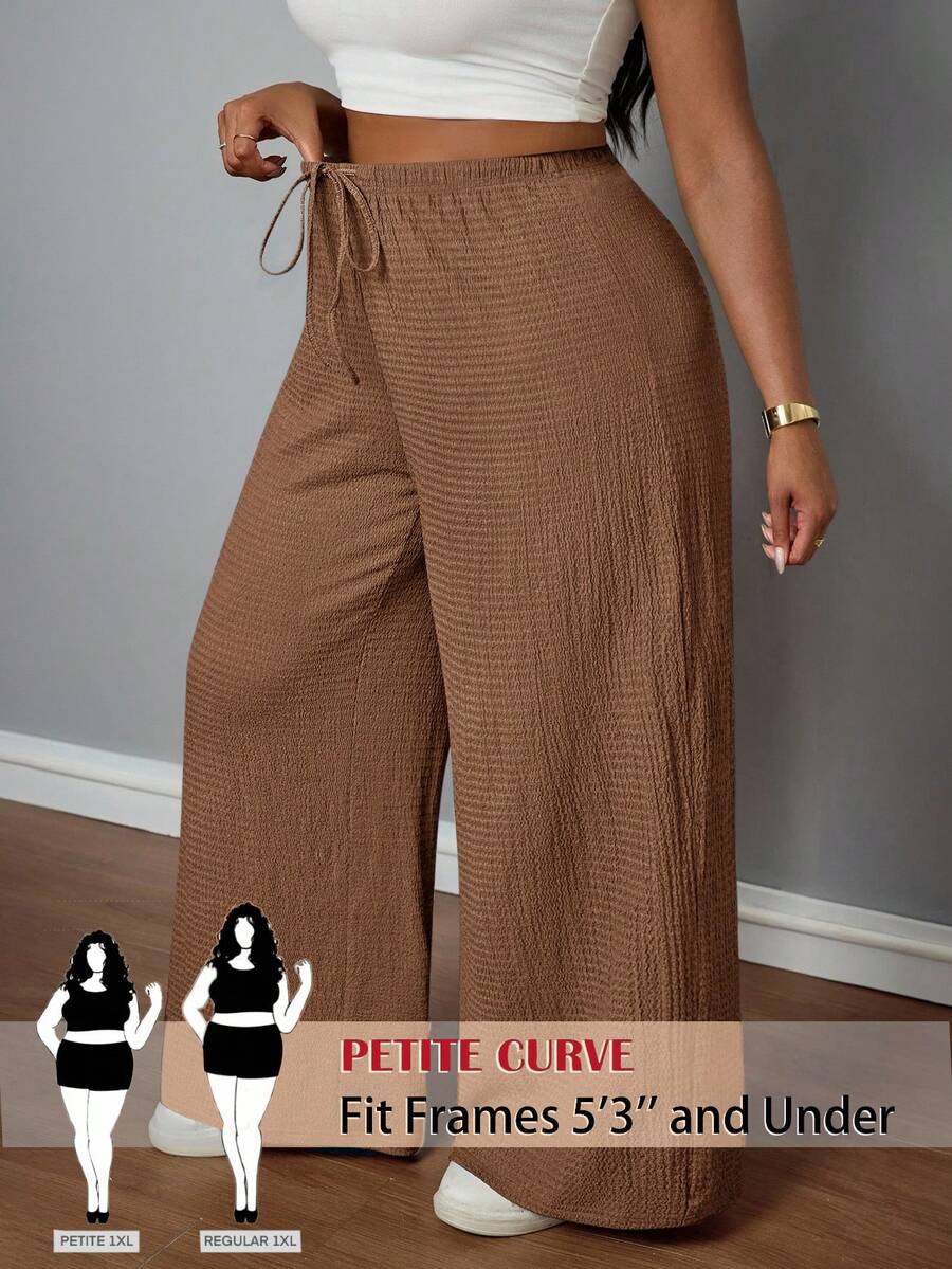 SHEIN PETITE CURVE 大尺碼女款巧克力棕色紋理休閒軟身長褲,適合度假、商務、居家、婚禮賓客、早午餐約會、居家休閒與辦公室穿著,夏季款 - 咖啡棕 - 查看 1