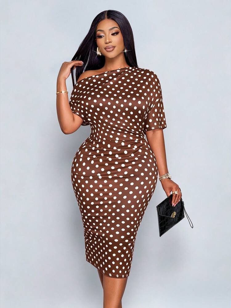 SOLERSUN Plus Size Women's Party Evening Dinner Valentine's Day White Polka Dot Off-Shoulder Knitted Mid-Length Dress Romantic Date Summer Elegant Business - Brown - View 1