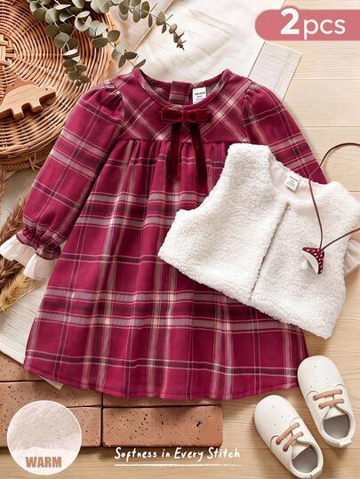 SHEIN Baby Girls Hoodie & Sweatshirt Co-Ords Red Plaid Bow Ruffle Cuff Dress With Fleece Vest 2pcs Set Buy Dress Get Vest Free