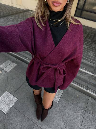 Aloruh Women's Autumn/Winter New Elegant Collarless Slimming Batwing Sleeve Silhouette Tie Waist Vintage Burgundy Tweed Jacket
