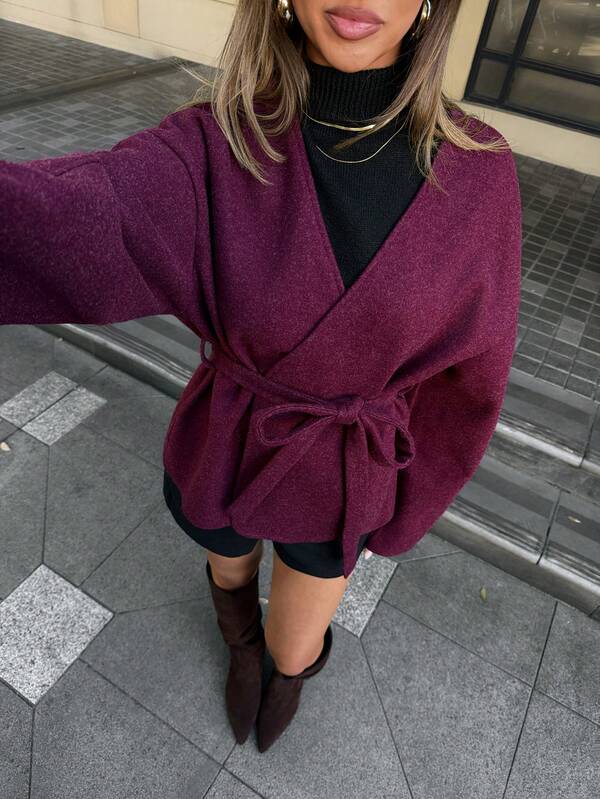 Aloruh Women's Autumn/Winter New Elegant Collarless Slimming Batwing Sleeve Silhouette Tie Waist Vintage Burgundy Tweed Jacket
