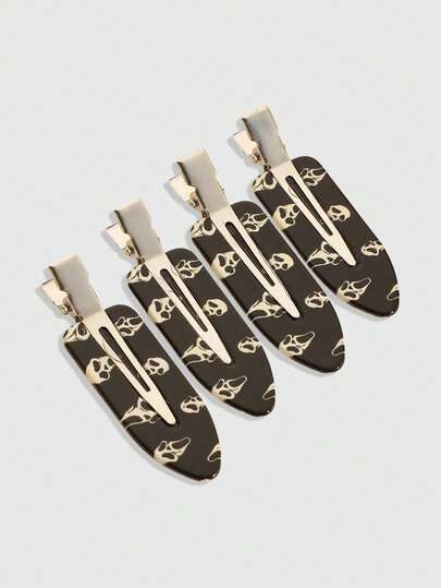ROMWE Kawaii 4Pcs Gothic Dark Wind Skull Print Street Cool Women's Hairpin, Fashionable And Versatile Women's Hair Accessories Suitable For Play And Photography