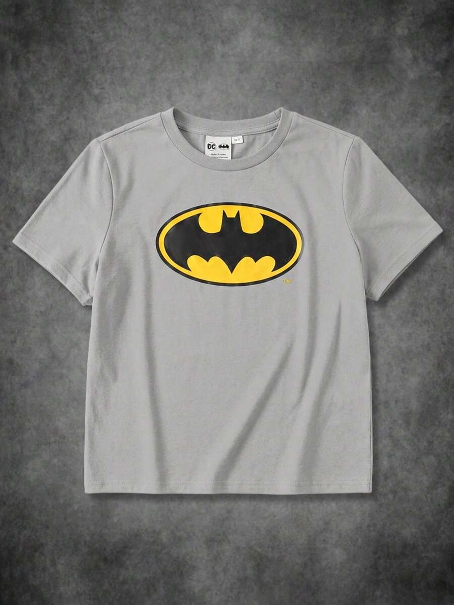BATMAN X SHEIN 青少年男孩卡通圖案印花短袖圓領T恤 - 灰色 - 查看 1