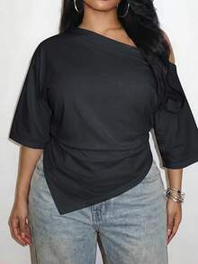 Slaydiva Spring/Summer Women's Plus Size Asymmetrical Hem Ruched Asymmetrical Shoulder T-Shirt, Graduation Season Beach - Dark Grey - View 1