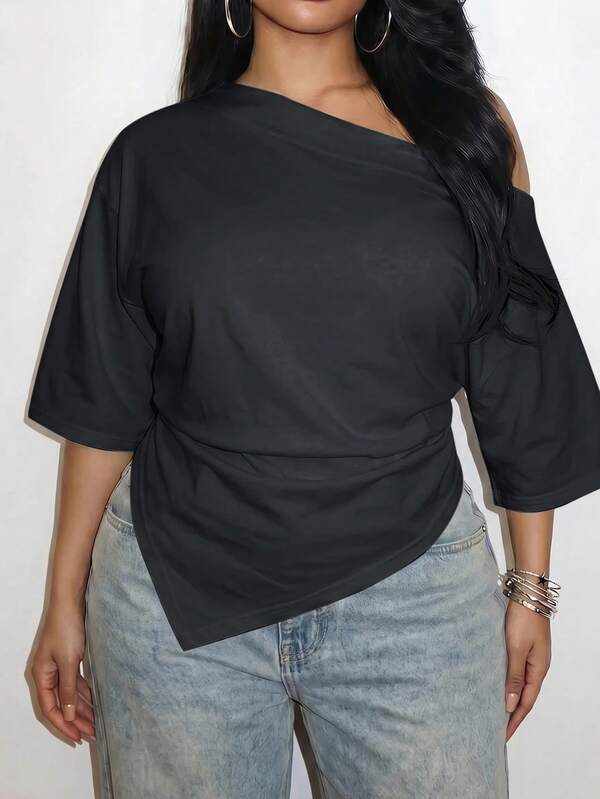 Slaydiva Spring/Summer Women's Plus Size Asymmetrical Hem Ruched Asymmetrical Shoulder T-Shirt, Graduation Season Beach