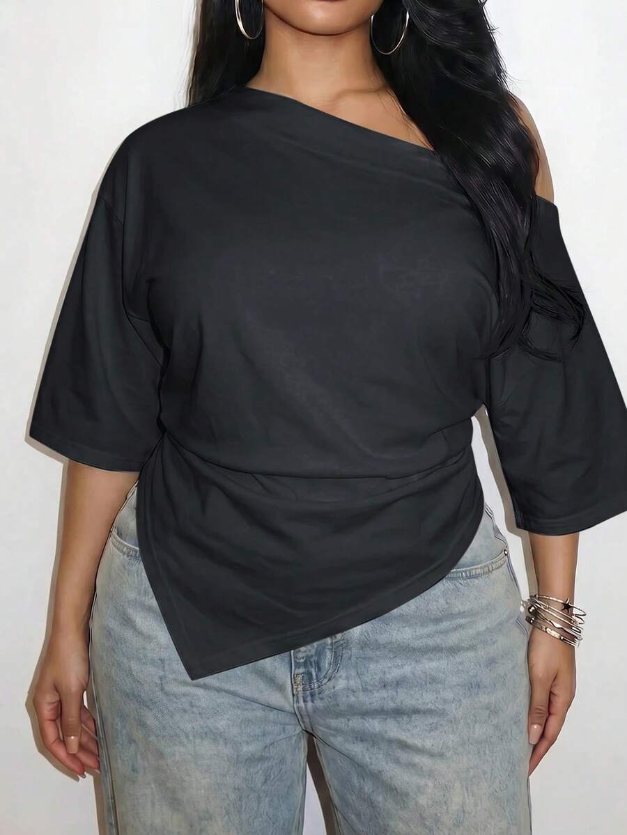 Slaydiva Spring/Summer Women's Plus Size Asymmetrical Hem Ruched Asymmetrical Shoulder T-Shirt, Graduation Season Beach - Dark Grey - View 1