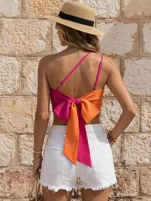 EMERY ROSE Two Tone Tie Backless One Shoulder Crop Top - Hot Pink - View 3