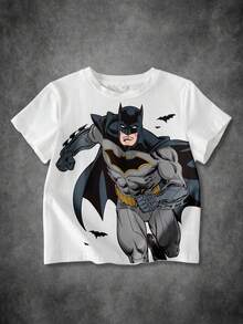 BATMAN X SHEIN 男童休闲图案圆领短袖T恤，夏季 - 白色 - 查看 1