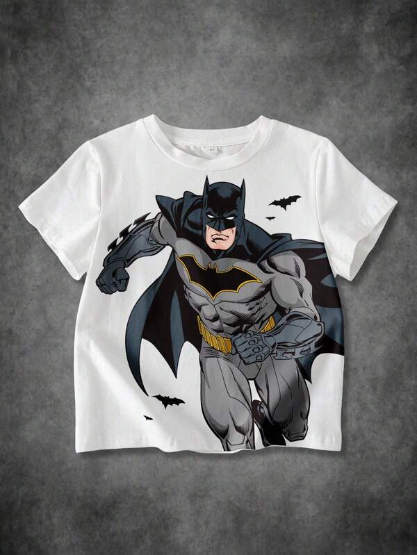 BATMAN X SHEIN Young Boy Casual Figure Graphic Round Neck Short Sleeve T-Shirt, Summer