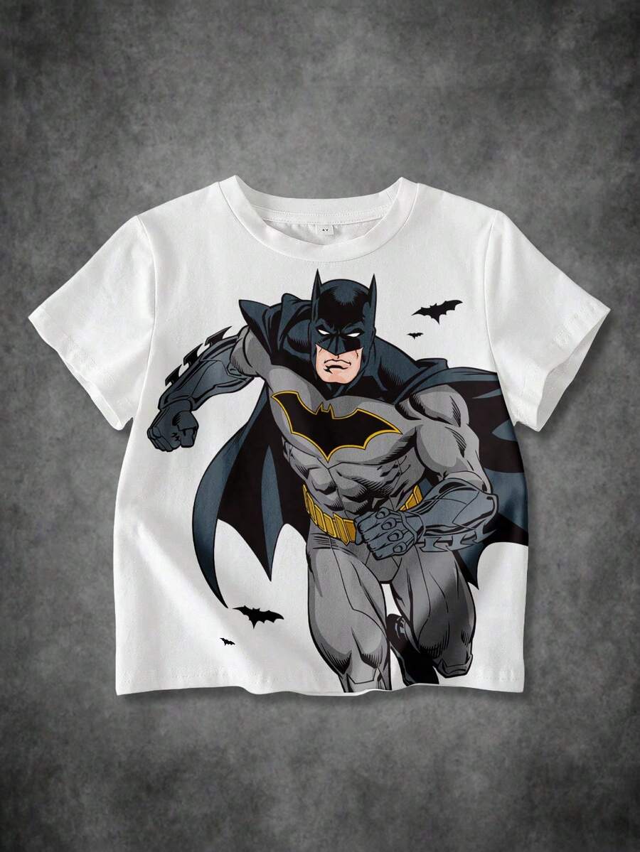 BATMAN X SHEIN 男童休闲图案圆领短袖T恤,夏季 - 白色 - 查看 1
