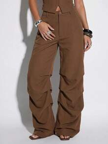 Normani Pantalon long décontracté polyvalent pour femme avec boutons, poches et plis - Tabac - Voir 1