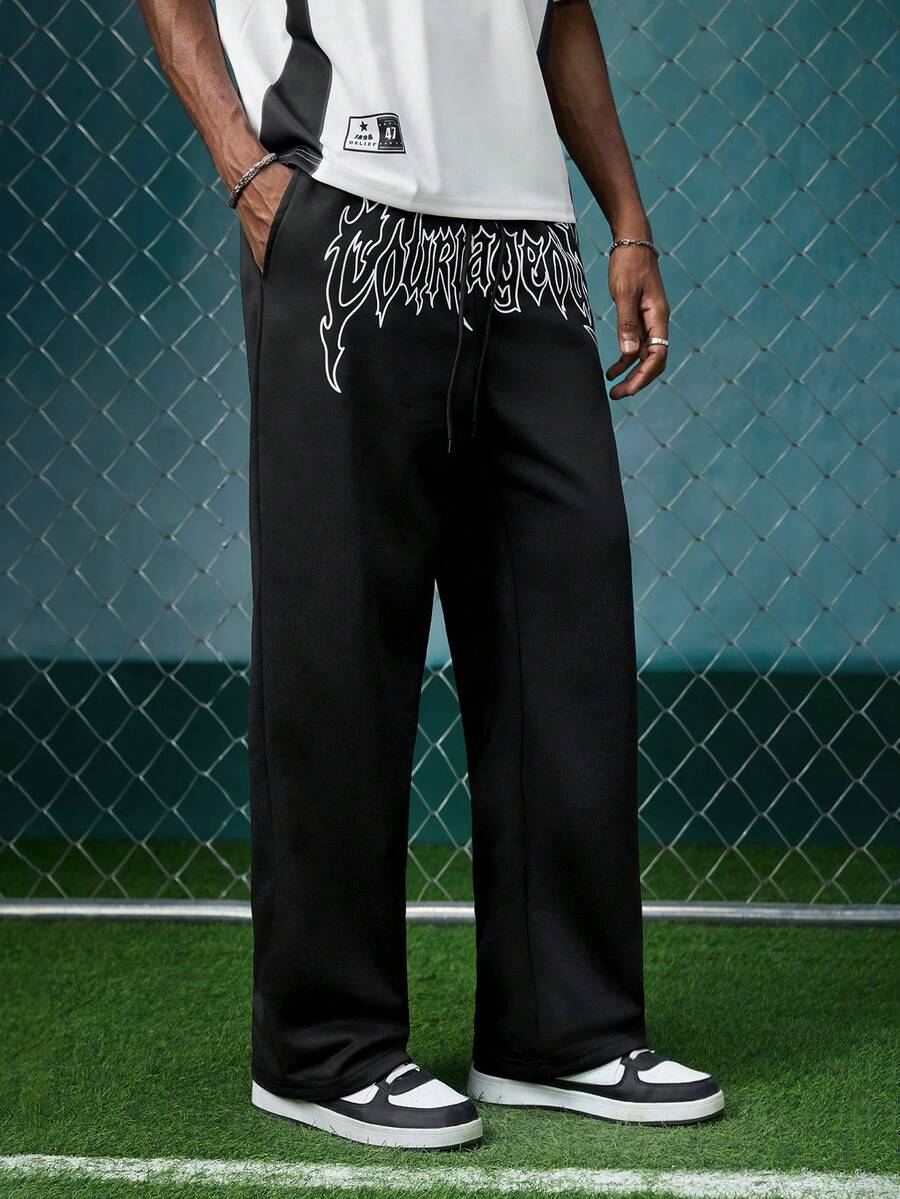 EVRINFINITE Men's Casual Loose Straight Leg Printed Sweatpants, Spring/Summer - Black - View 1