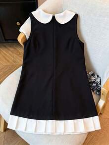 SHEIN Back To School Season Girls Black & White Classic Little Black Dress With Small Collar, Bowknot And Ruffle Hem - Black - View 5