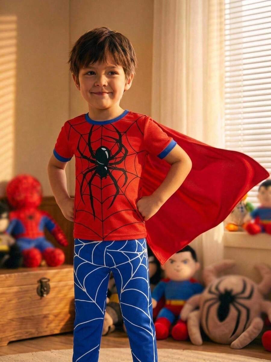 SHEIN Young Boy Casual Simple Slim Fit Comfortable Crew Neck Short Sleeve Long Pants Tight Home Wear Suitable For Spring And Summer, Classic Handsome Spider Web, Spider Hero Character Pattern Print - Multicolor - View 1