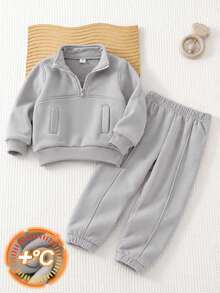 2pcs Boys Fashion Casual Minimalist Half-Zip Stand Collar Sweatshirt & Sweatpants Set, Daily Wear - Light Grey - View 4