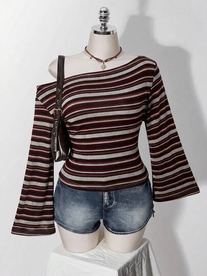 SHEIN ICON تي شيرت علوي محبوك بخصر مشدود وكتف غير متماثل بأسلوب Y2K عتيق مقاس كبير، علوي كاجوال ريترو بياقة كتف غير متماثل وأكمام طويلة