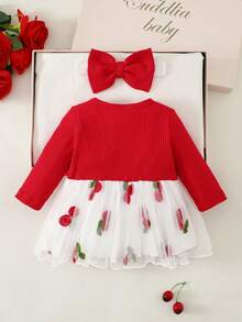 SHEIN 新生兒休閒可愛甜美櫻桃圖案刺繡網紗長袖洋裝與髮帶套裝，適合秋冬、室內、戶外、派對、假日、日常穿著 - 紅白色 - 查看 3