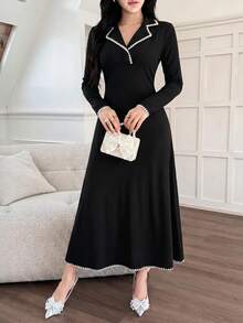 Feyla Robe d'automne nouvelle à blocs de couleurs avec garniture pied-de-poule, taille marquée, coupe évasée, confortable, décontractée et élégante - Noir - Voir 7