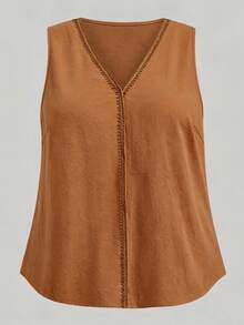 Linhara CURVE Plus Size French V-Neck Trim Sleeveless Tank Top, Loose Fit Innerwear Outerwear Commuter Beach Vacation Brown Summer Boho Casual - Brown - View 4