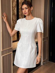 Zaforene Women's Summer Elegant French Commuter Frog Button Mid-Length Dress Tea Party Day Party White - Khaki - View 7