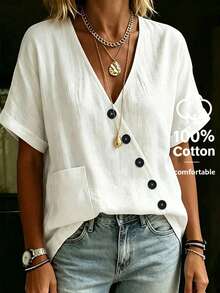 SHEIN LUNE CURVE Camisa de algodón de manga corta con cuello en V, cierre frontal inclinado y detalle de botones para mujer, ideal para vacaciones de verano - Blanco - Ver 3