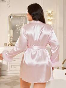 MuseNap CURVE Satin Light Pink Fur Trim Cuff Bow Waist Tie Plus Size Robe - Baby Pink - View 2