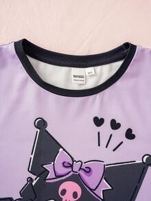 HELLO KITTY AND FRIENDS | SHEIN Tween Girl Cartoon Print Short Sleeve T-Shirt And Shorts Loungewear Set - Mauve Purple - View 3
