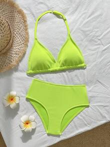 SHEIN 女童兩件式比基尼套裝，螢光綠抓皺紋理布料掛脖上衣，中腰三角泳褲，低彈性親膚海灘度假泳裝，時尚休閒精緻，適合游泳、夏季假期、海灘、海邊、泳池、夏季度假派對、休閒度假 - 黃色 - 查看 3