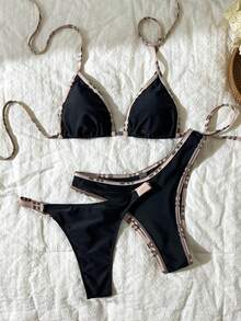 Elavelle Solid Color 3 PiecesBikini Set Women's Swimwear For Hot Spring Vacation - Black - View 1
