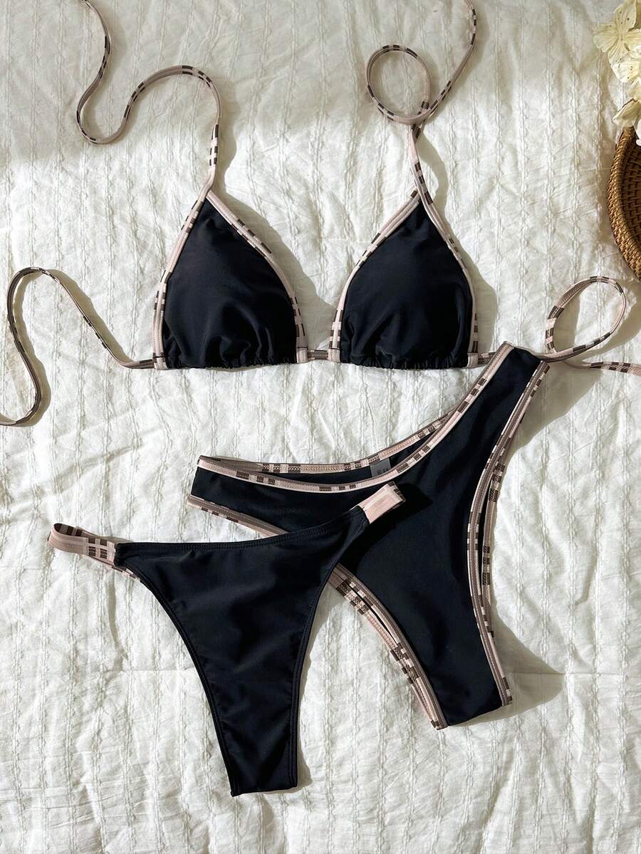 Elavelle Solid Color 3 PiecesBikini Set Women's Swimwear For Hot Spring Vacation - Black - View 1