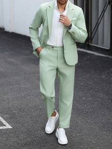 Manfinity Mode 男士純色休閒商務西裝套裝，口袋設計，適合日常通勤、輕鬆工作環境或半正式場合，也是送給男友和丈夫的理想禮物 - 綠色 - 查看 5
